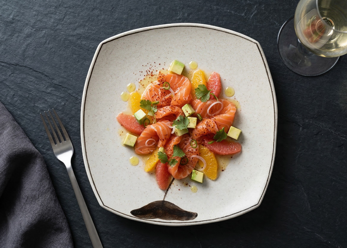 Chilean salmon crudo with citrus, avocado and merkén on a Lotus Garden square plate