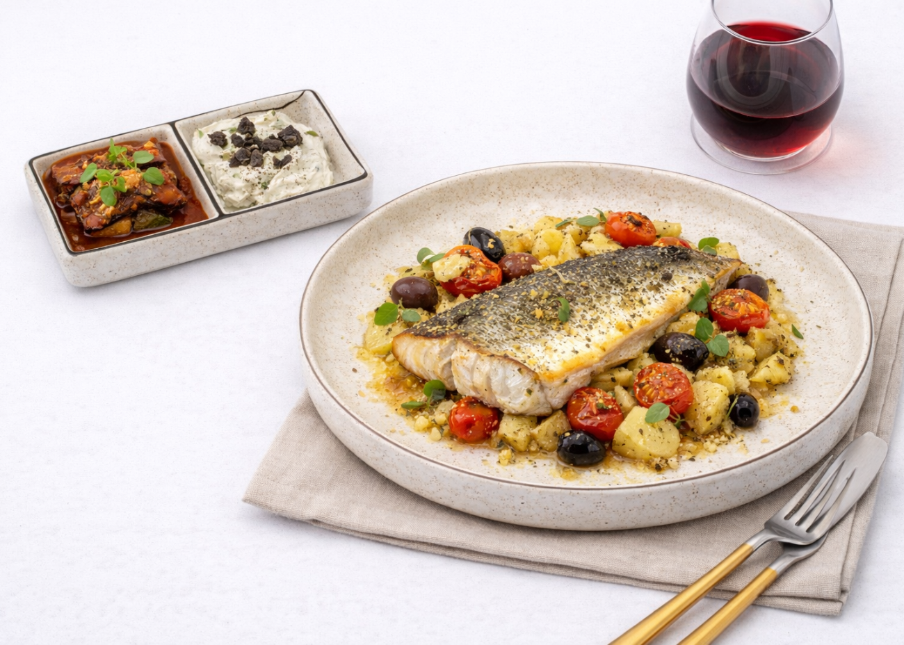Herb-crusted sea bass with roasted Mediterranean vegetables on a Lotus Garden round plate