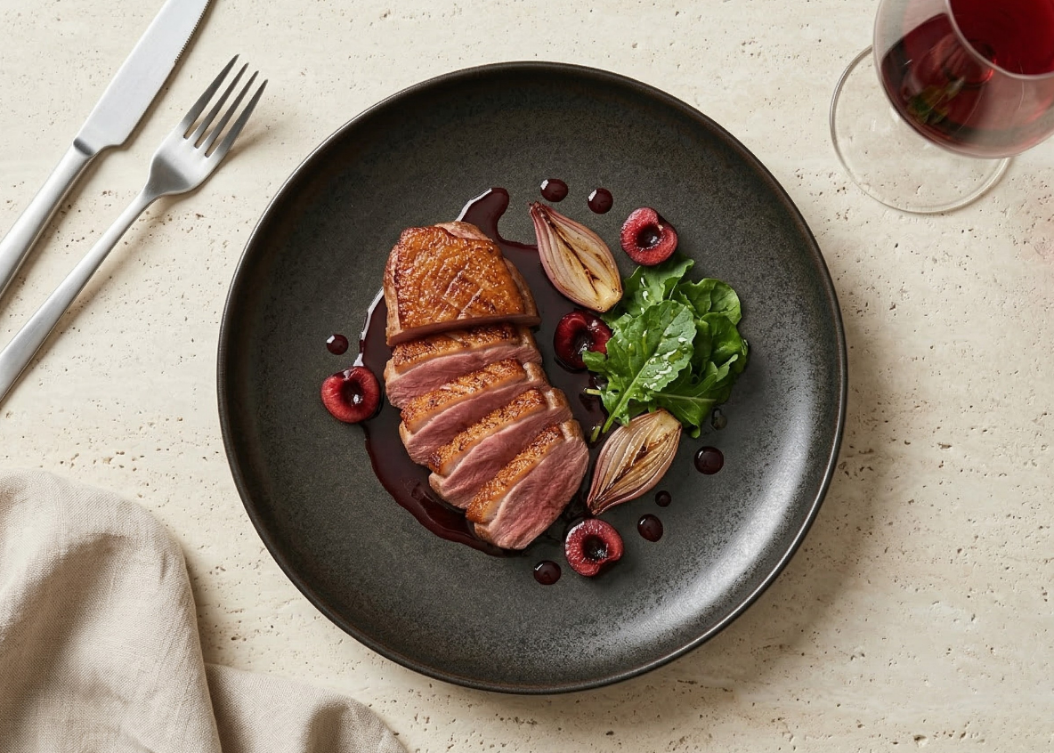 Sliced duck breast with cherries, port reduction and rocket on a round matte black plate