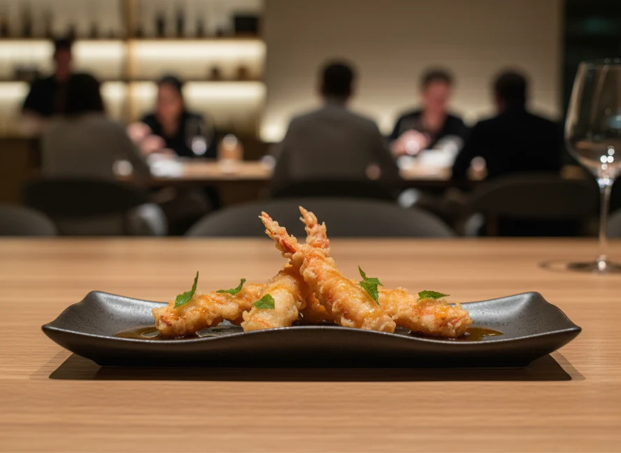 Rock shrimp tempura with spicy creamy sauce on a matte black wave tray