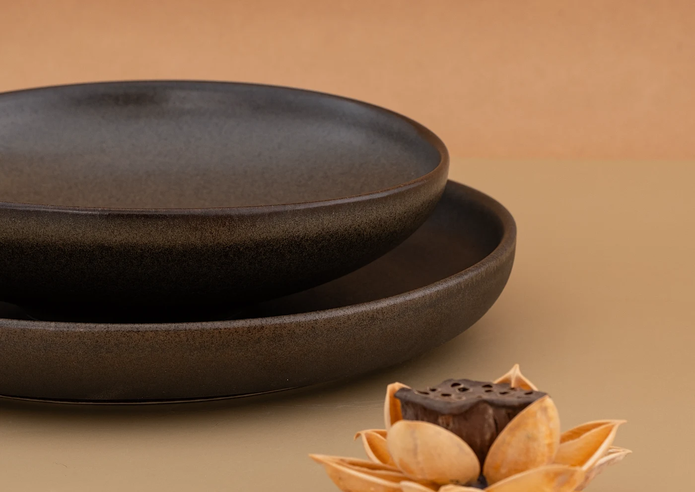 Two stacked Midnight Elegance plates in matte black porcelain beside a dried lotus pod