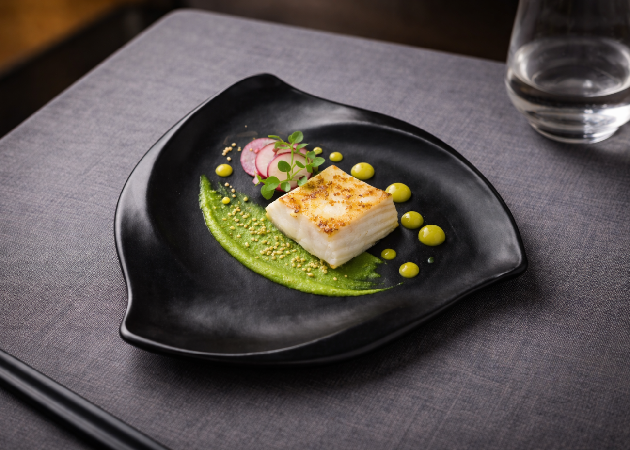 Miso-glazed black cod with pea purée on a Midnight Matte leaf-shaped plate