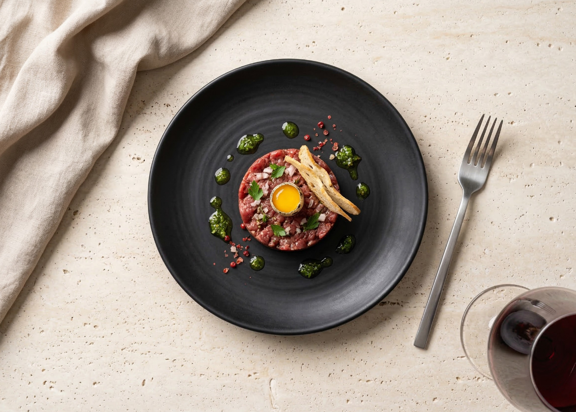 Argentine beef tartare with chimichurri and quail egg on a Midnight Matte round plate