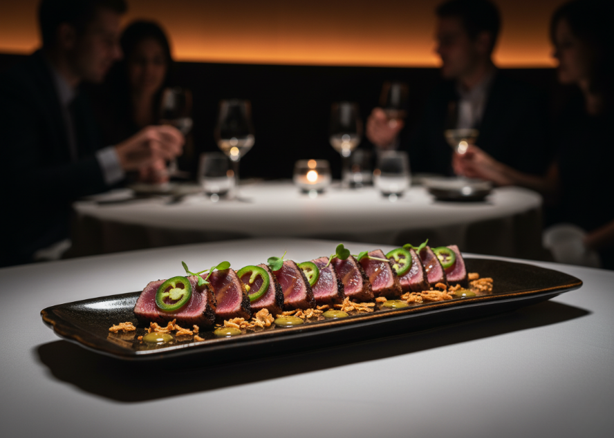 Seared tuna tataki with jalapeño on a Midnight Noir long tray, at a restaurant table