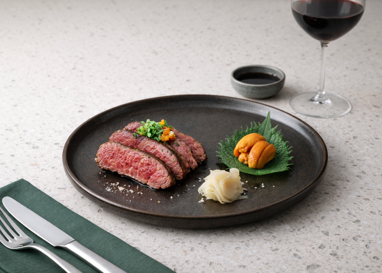 Seared wagyu with sea urchin and roe on a Midnight Noir round plate