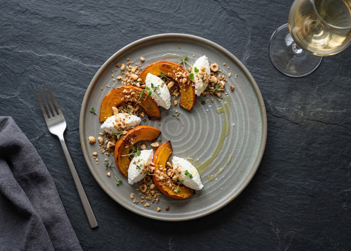 Roasted pumpkin with ricotta and hazelnut on a Moonstone Aura round plate