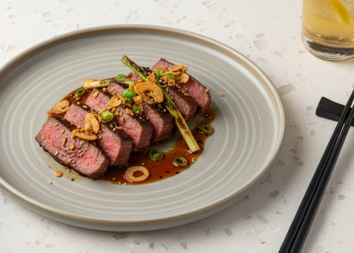 Teppanyaki garlic ribeye with charred spring onion on a Moonstone Aura round plate
