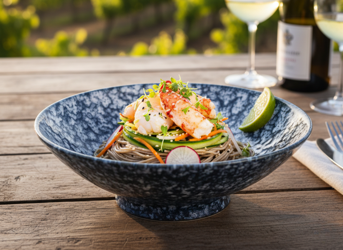 Chilled lobster soba salad with shaved radish in an Ocean Speckle footed bowl