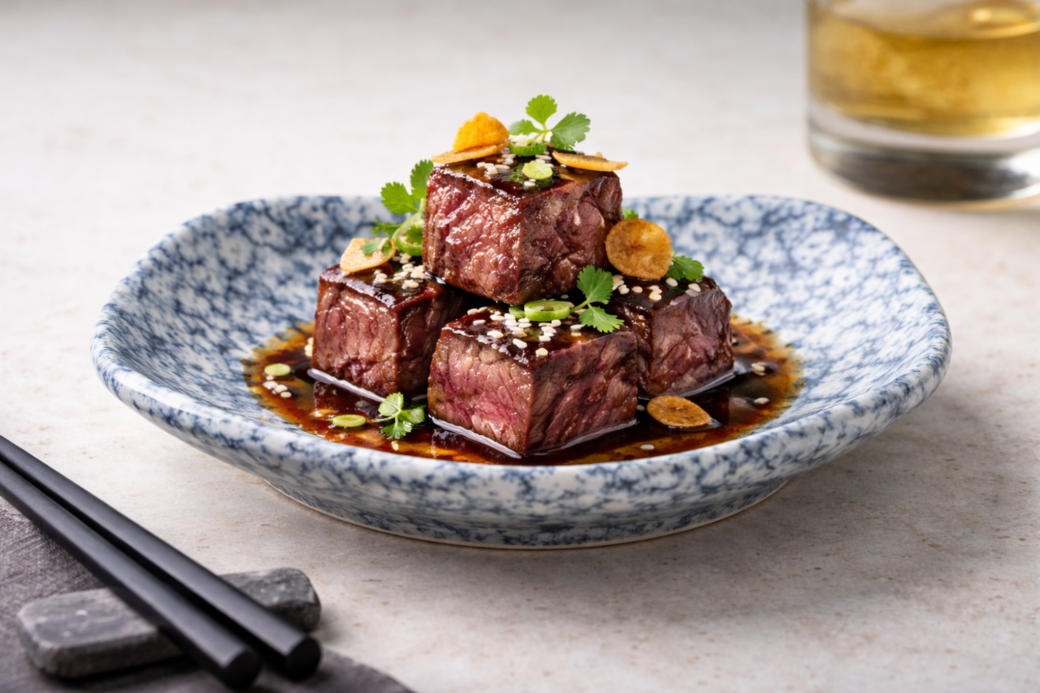 Wagyu steak cubes with truffle soy and crispy garlic on an Ocean Speckle plate