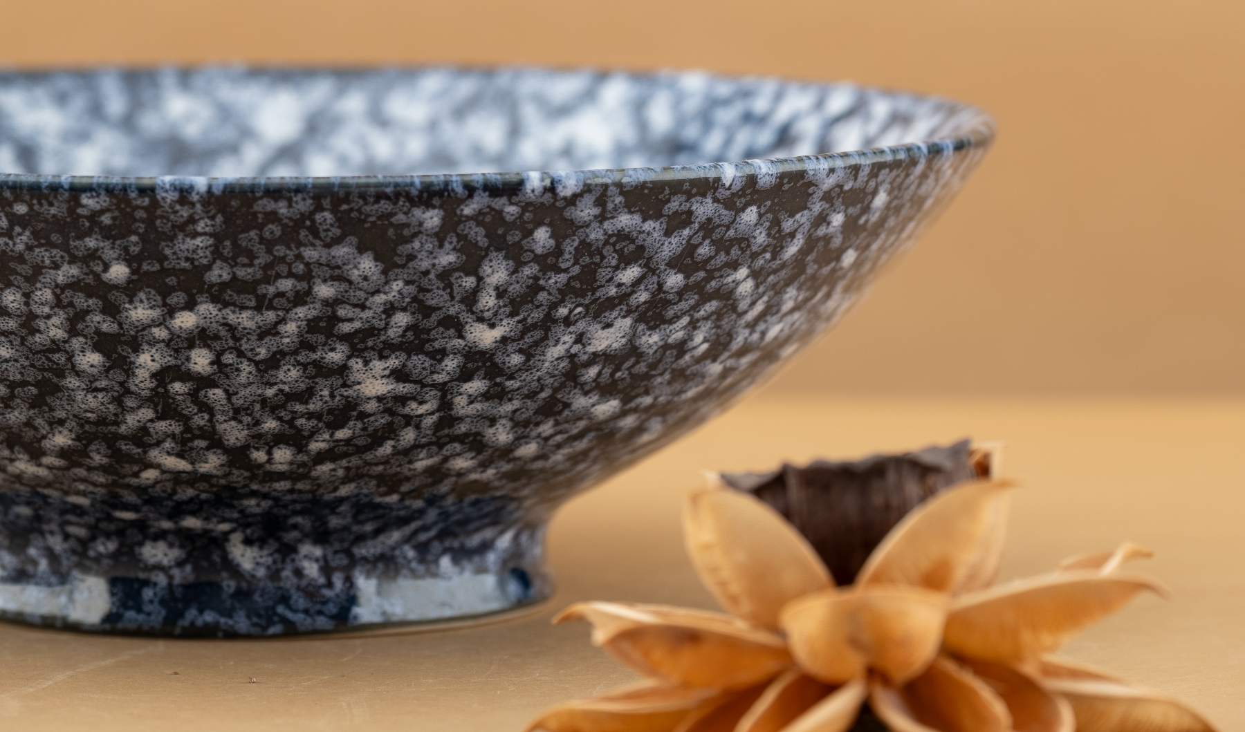 Detail of an Ocean Speckle footed bowl, deep indigo glaze with a dense white speckle, styled with a star anise pod