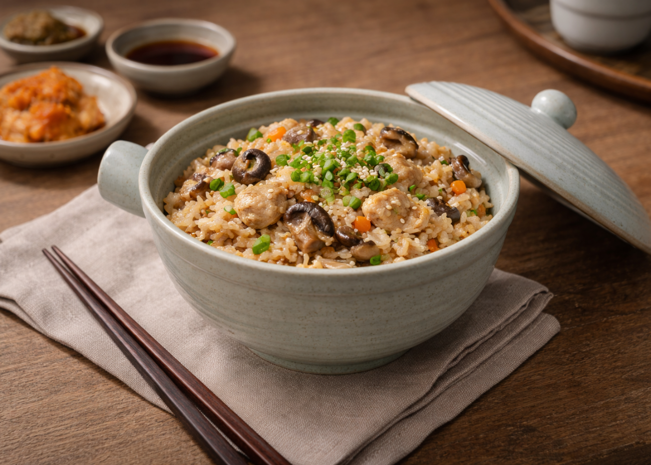 Shiitake and chicken claypot rice with scallions in a lidded Pebble Mist pot, lid set to one side