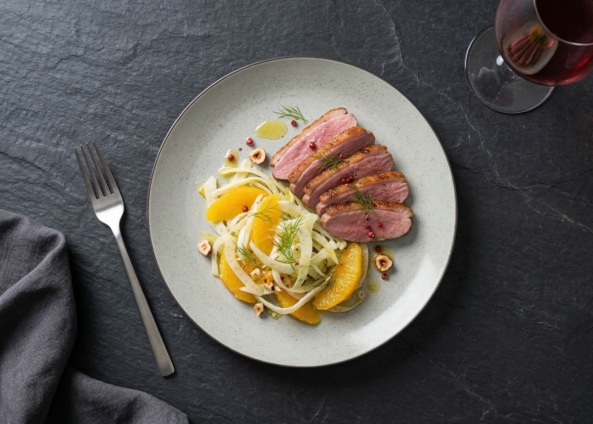 Duck breast with orange and fennel salad on a Pebble Mist round plate, seen from above on slate