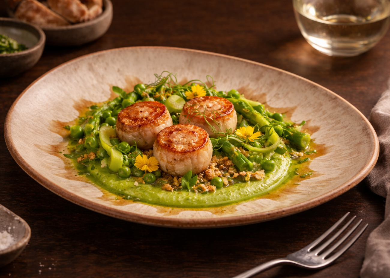Seared scallops with asparagus purée on a Rustic Sunburst plate