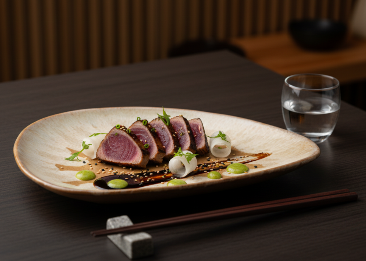 Tuna tataki on a Rustic Sunburst plate