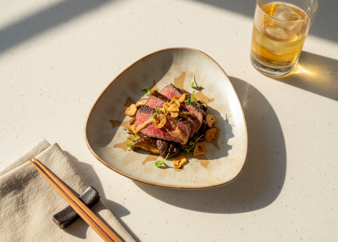 Robata wagyu with shiitake on a Rustic Sunburst plate