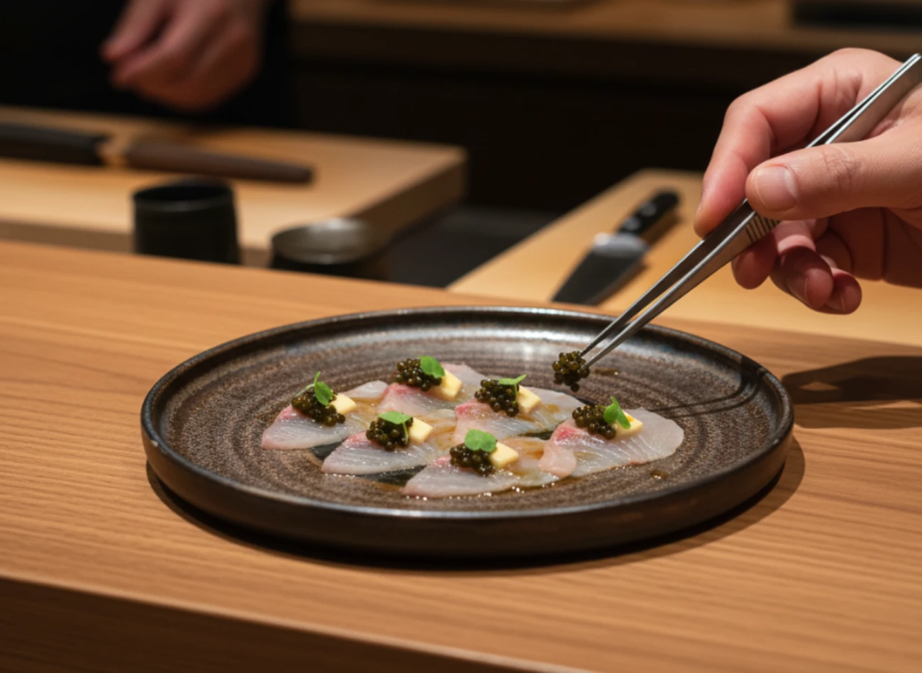 Amberjack crudo with caviar and yuzu on a Sandstorm round plate at a sushi counter