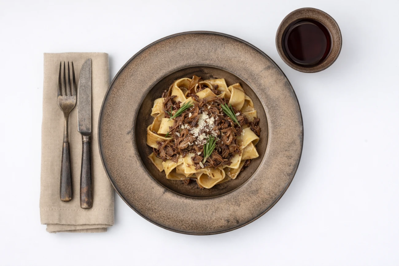 Pappardelle with short rib ragù and rosemary in a Sandstorm rimmed bowl, seen from above