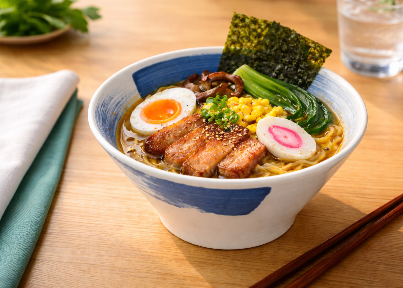 Tonkotsu ramen with chashu pork and ajitsuke tamago in a Sapphire Mist bowl