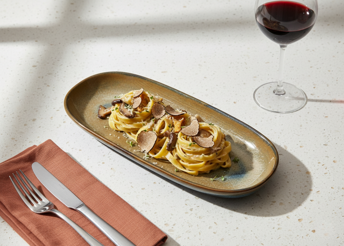 Wild mushroom pappardelle with truffle on a Serene Earth oval plate