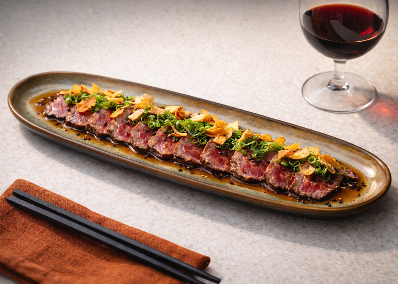 Wagyu tataki with garlic and truffle ponzu on a Serene Earth plate