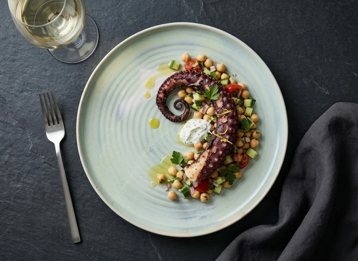 Grilled octopus with chickpea salad and herb yoghurt on a round Serene Waters plate