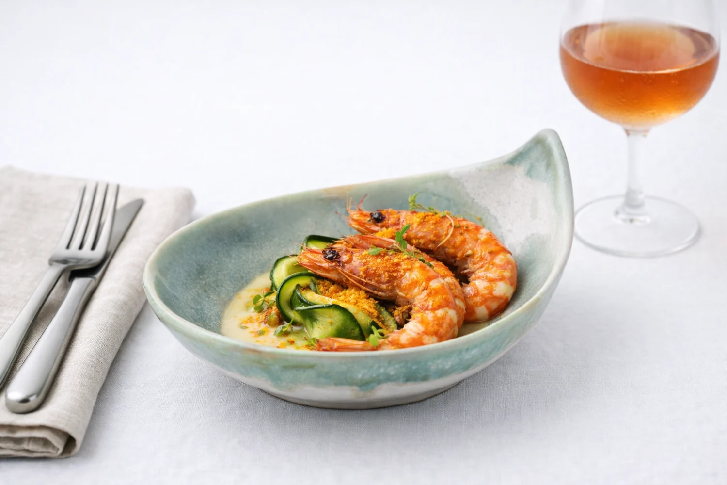 Grilled tiger prawns with courgette ribbons and bottarga in a Serene Waters teardrop bowl