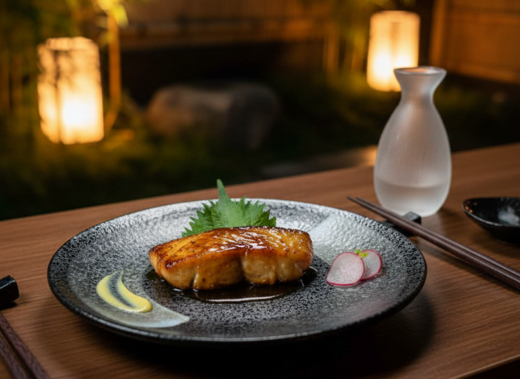 Miso glazed black cod with radish on a Shadow Stone round plate