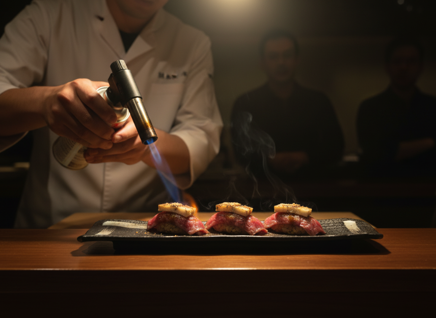 Torched wagyu beef nigiri with foie gras on a Shadow Stone crescent tray