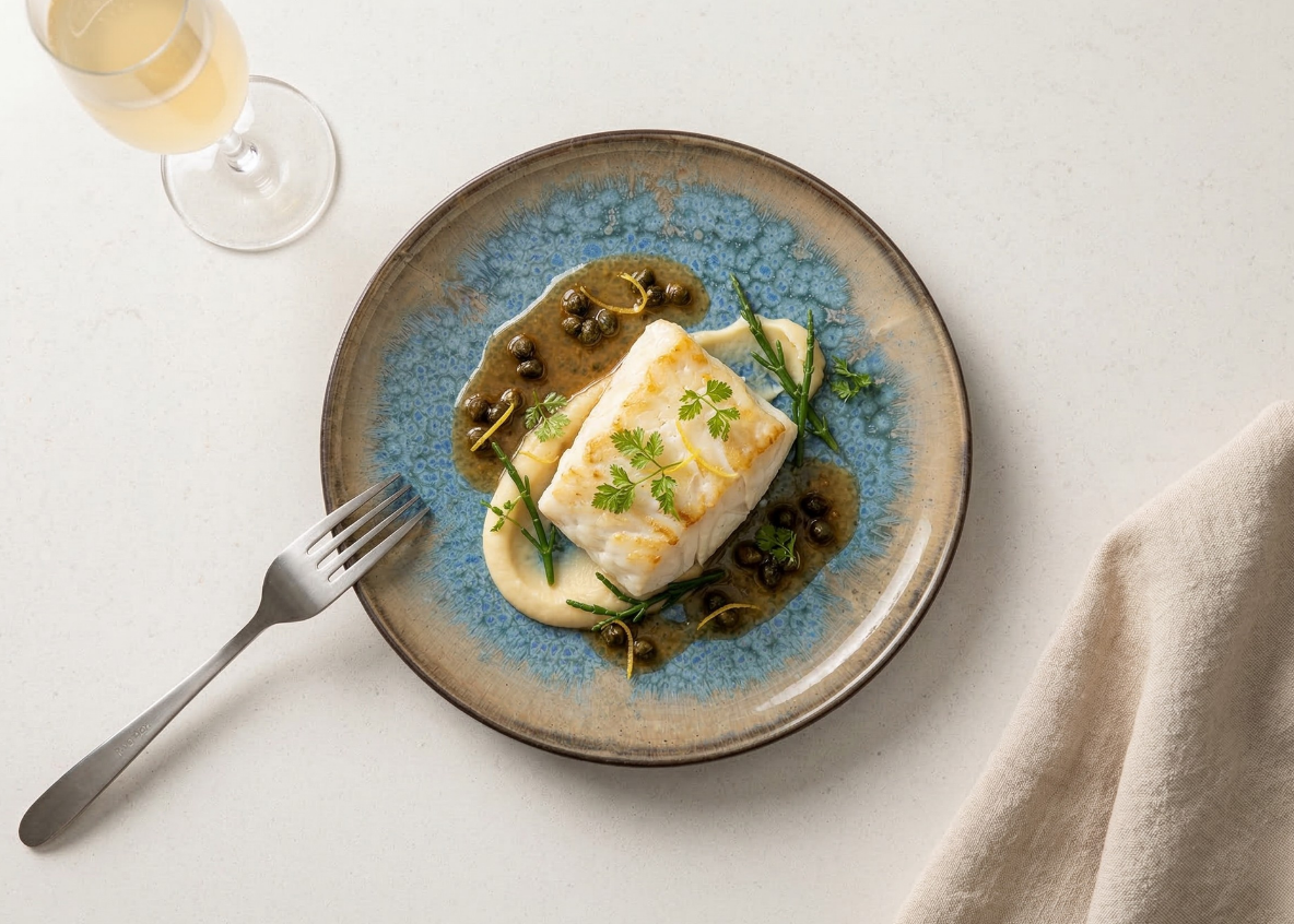 Roasted halibut with brown butter and capers on a Starry Seas round plate, seen from above