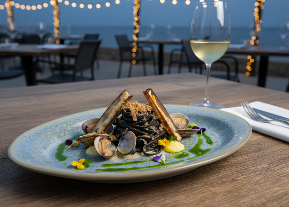Squid ink linguine with clams and razor clams on a Starry Seas wide plate, on a terrace at dusk