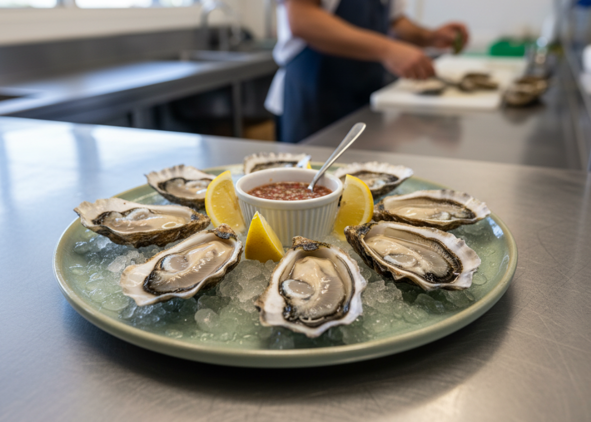 Oysters on crushed ice with mignonette on a Verdant Spiral round plate