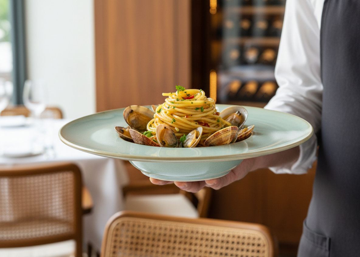 Linguine alle vongole with clams, garlic and chilli on a Verdant Spiral plate