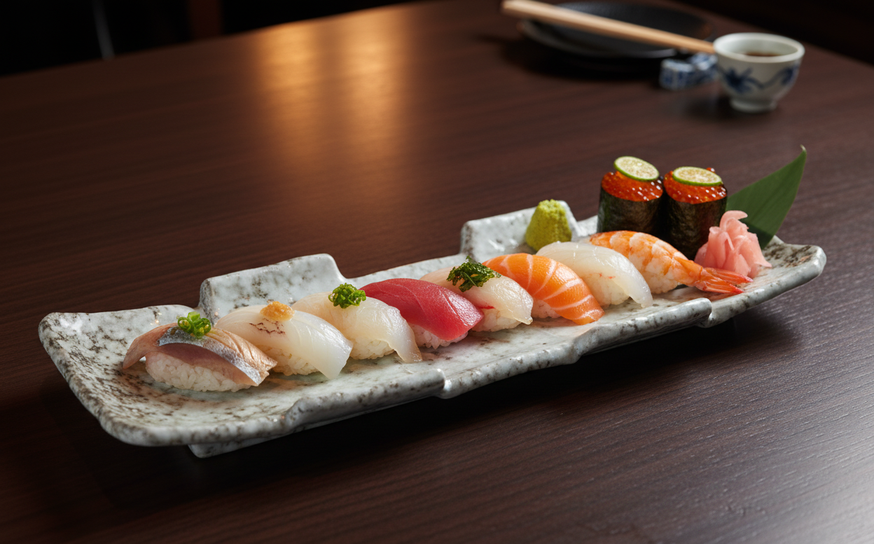 Chef's premium nigiri sushi selection on a White Granite long tray