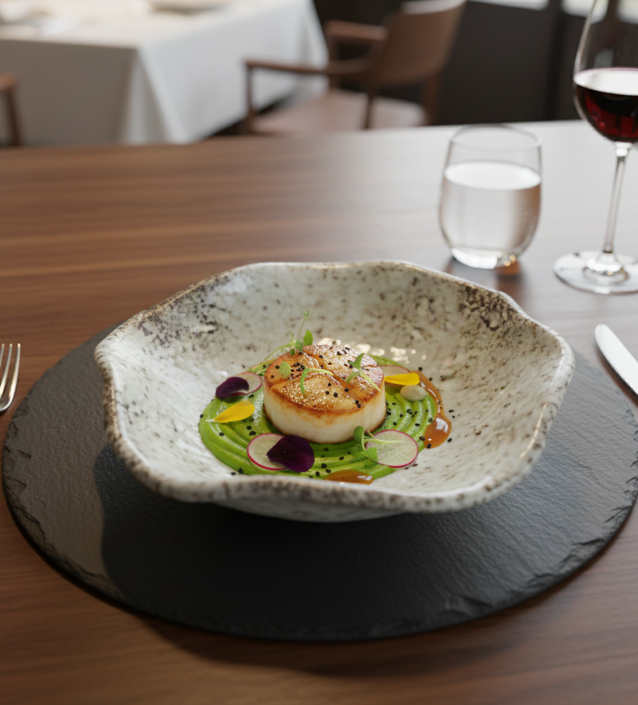 Pan-seared scallop on vibrant green pea puree in a White Granite footed bowl