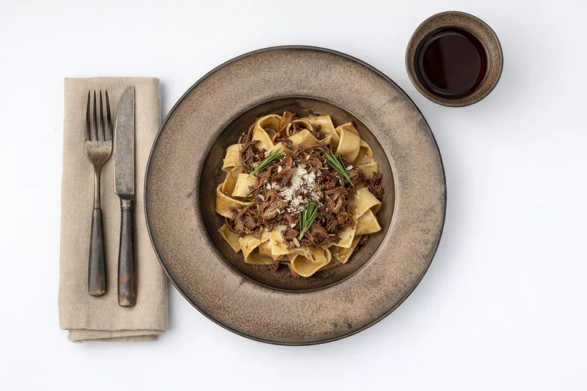 Pappardelle with lamb ragu on Annamis tableware