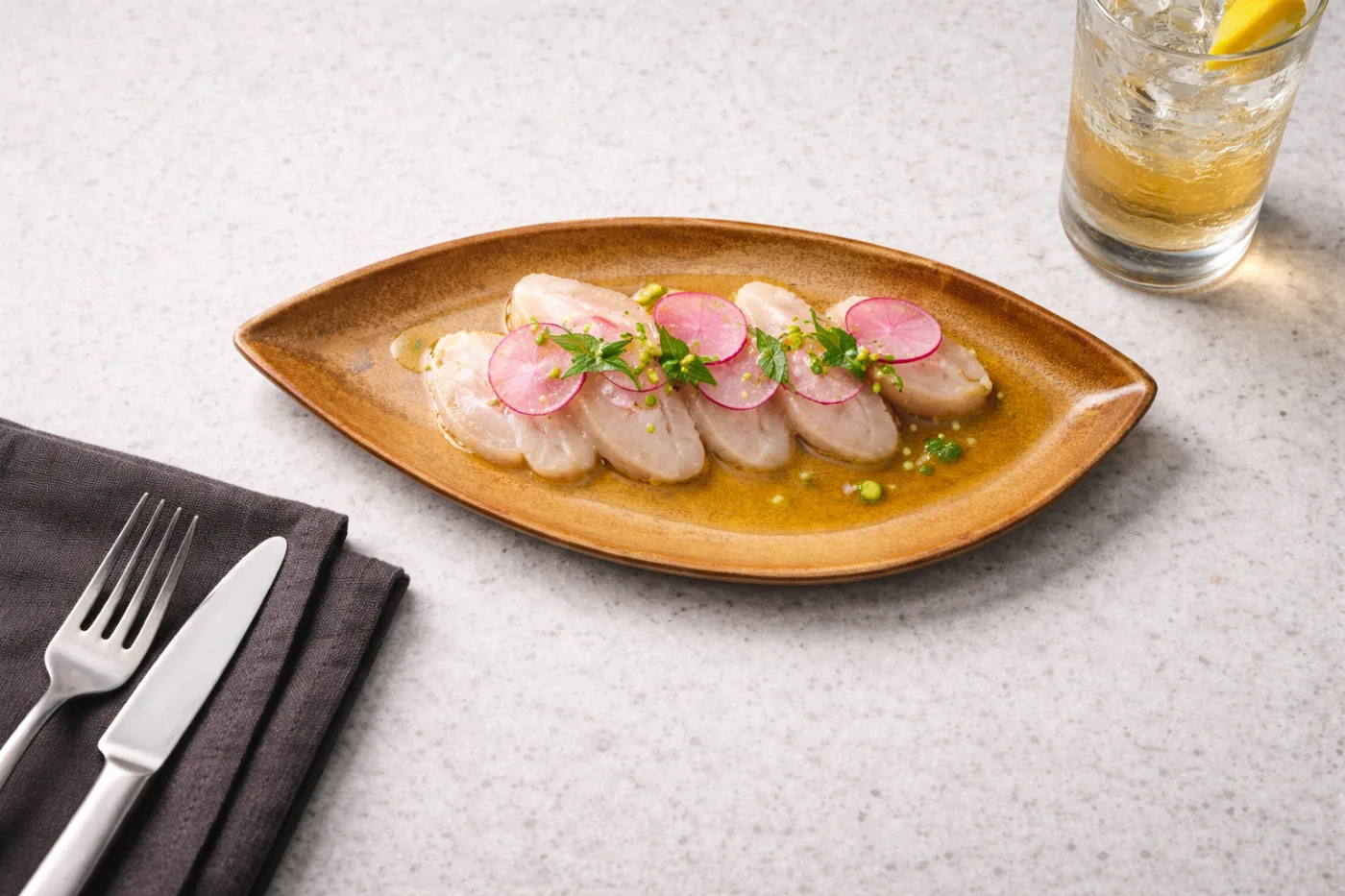 Circle Selection — tuna crudo plated on a Harvest Sun reactive-glaze dish