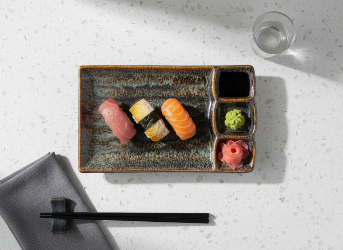 Diamond Selection — nigiri trio on an Earth Fire stoneware serving set