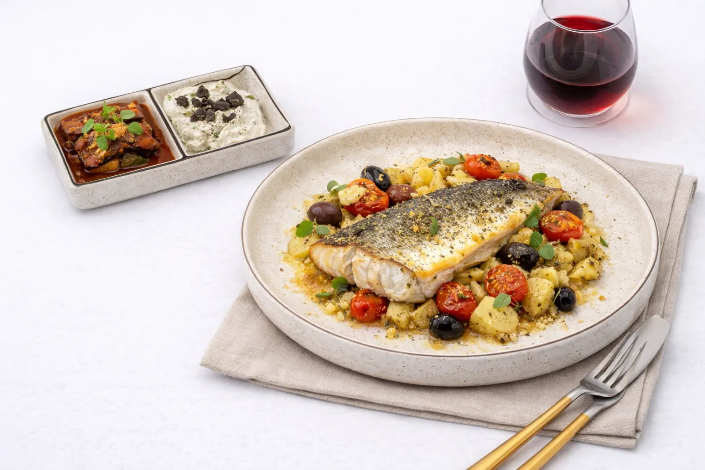 Square Selection — herb-crusted sea bass on Lotus Garden porcelain with a square side dish