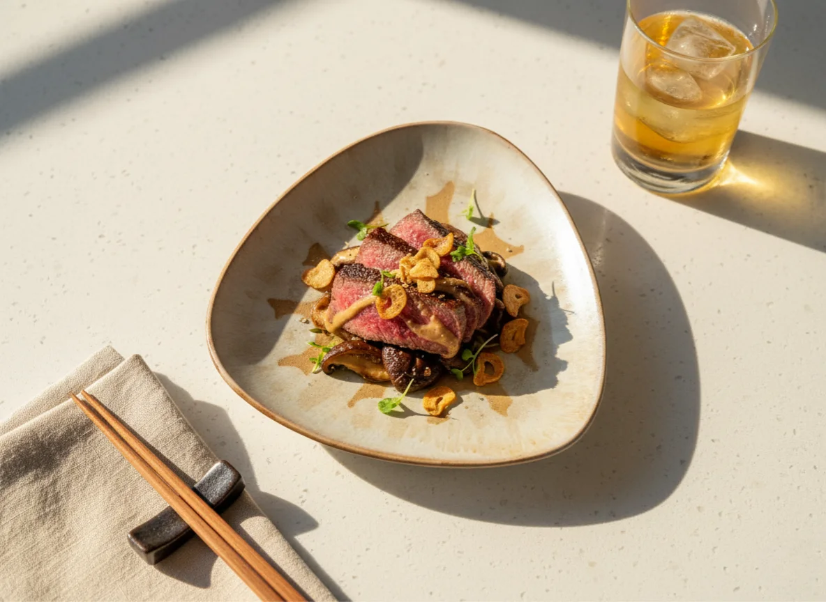 Triangle Selection — robata wagyu with shiitake on a triangular reactive-glaze plate
