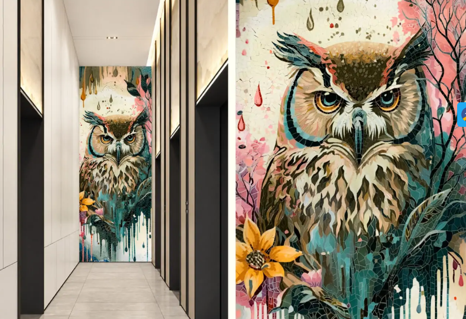 Custom ceramic mosaic owl art panel installed in a hotel corridor